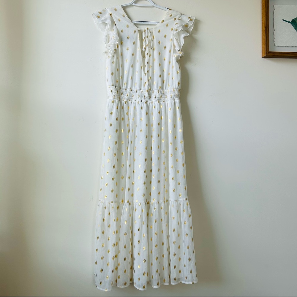 Lulus Cause to Celebrate White & Gold Dot Ruffled Tiered Midi Dress SizeM Magic - Picture 9 of 12